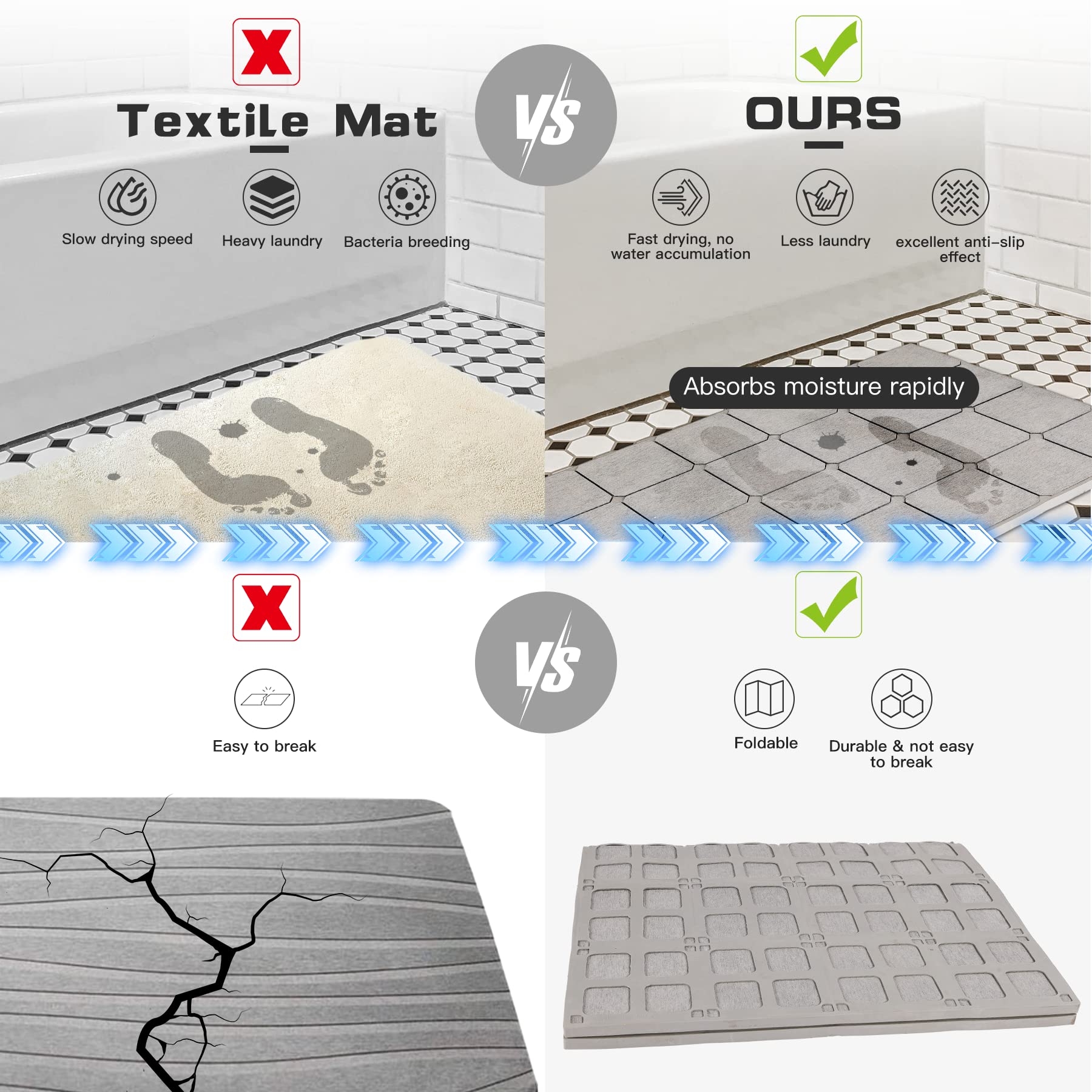 Diatomaceous Earth Stone Bath Mat Quick Drying Anti Slip for Bathroom