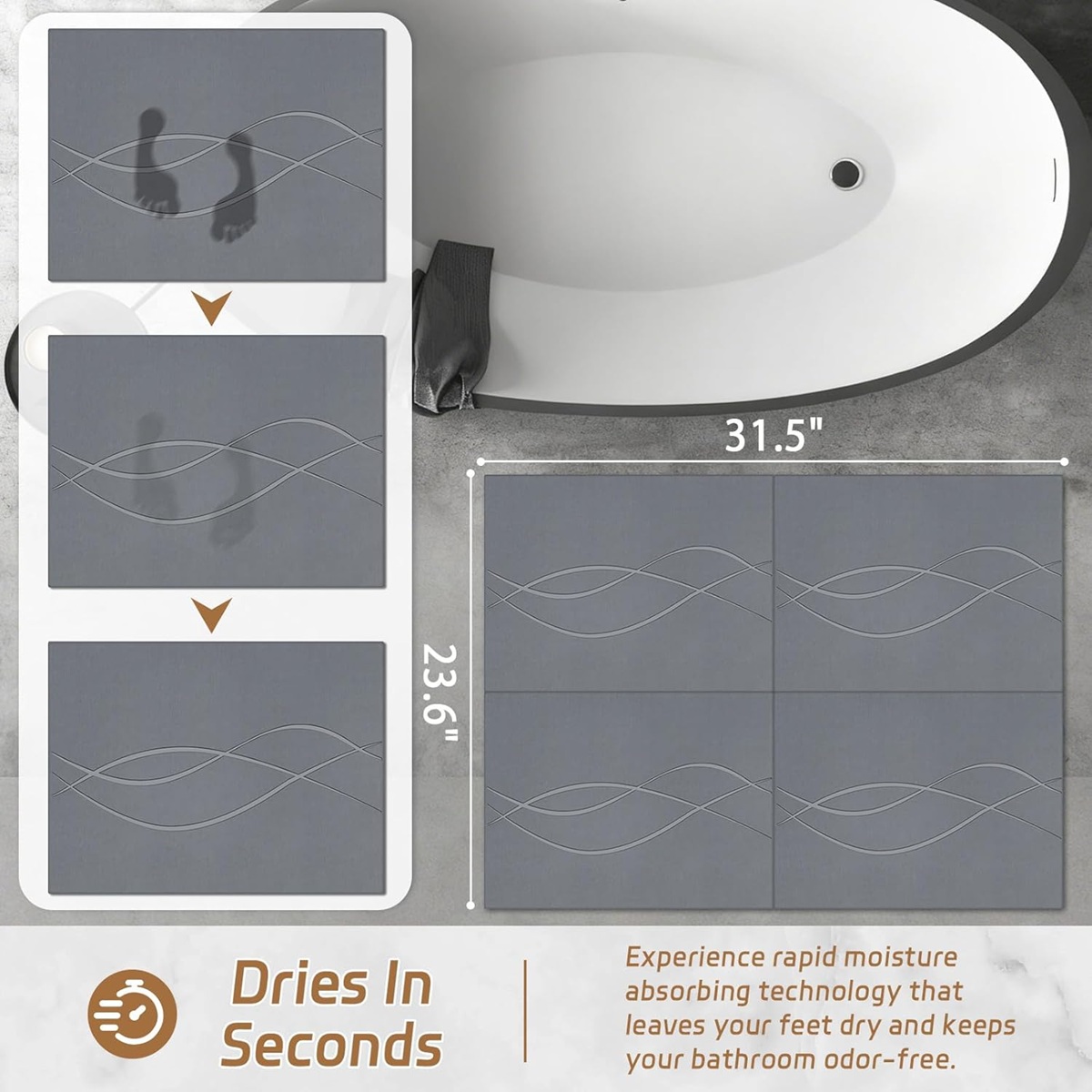 Quick Drying Diatomite Stone Shower Mat Spliceable Design Non-Slip Easy to Clean