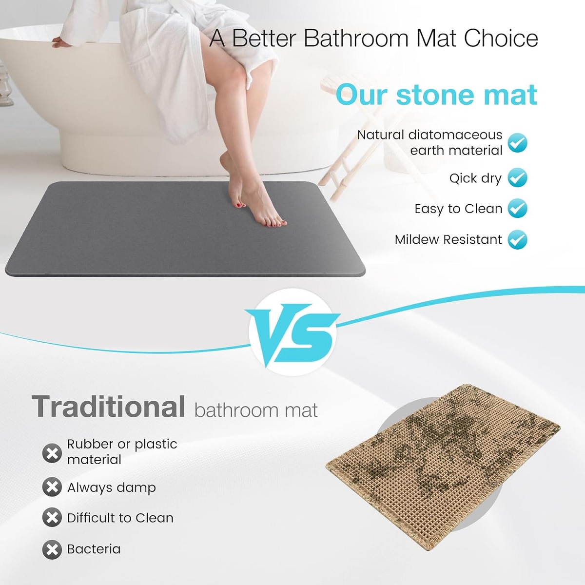 Natural Diatomite Stone Bath Mat Premium Non-Slip Quick Drying Mats for Bathroom